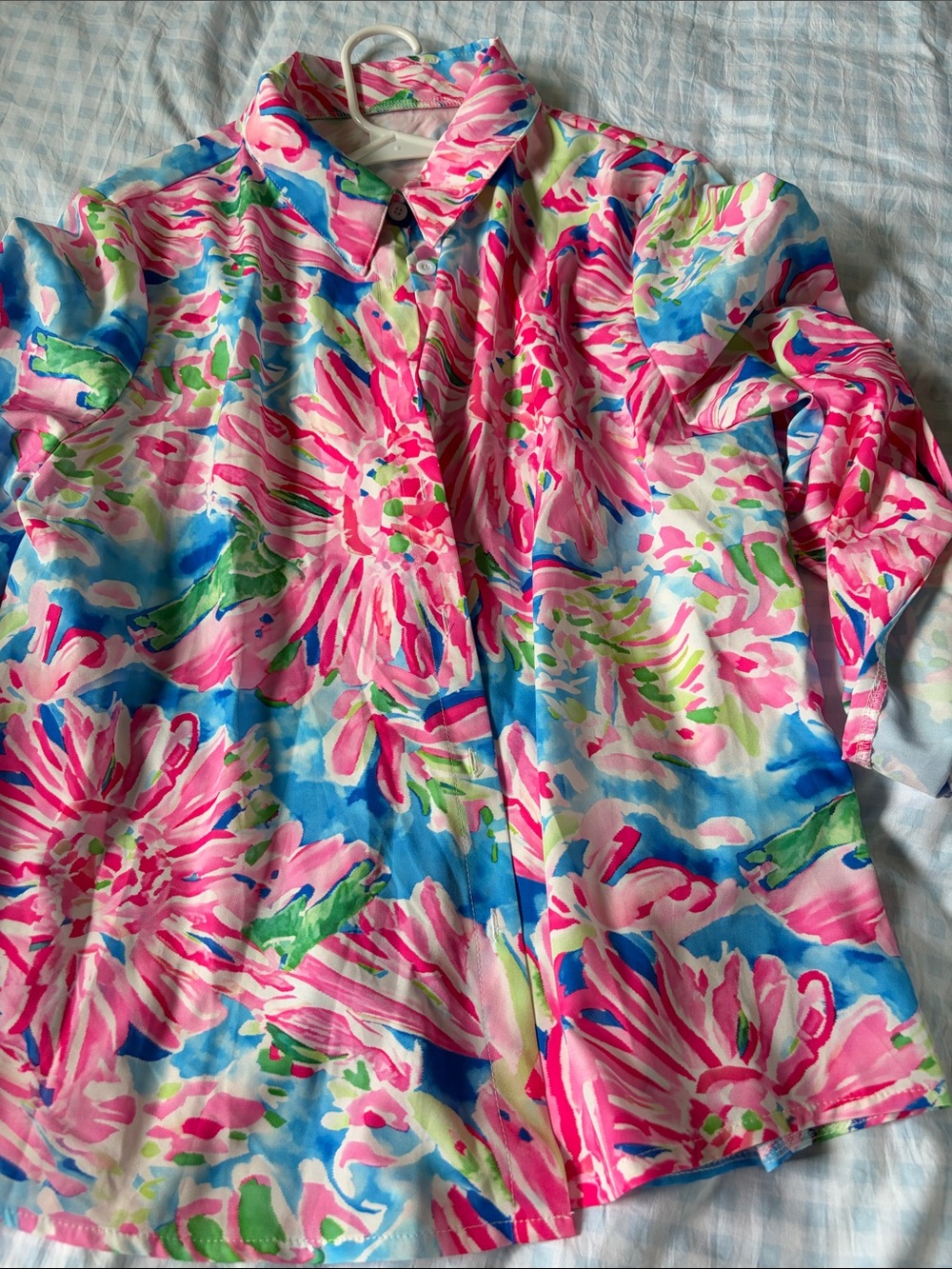 Bright Floral Button-Up Shirt in Pink, Blue & Green